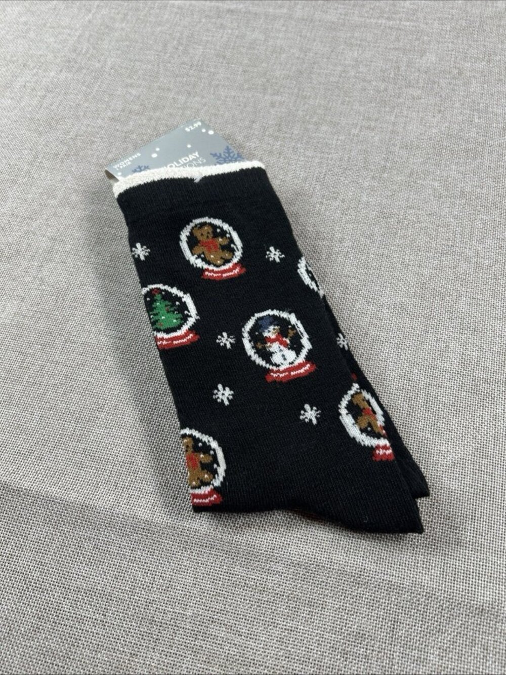 Vtg Kmart Holiday Edition Winter Socks Size 9-11 Black W/ Snowman Christmas tree